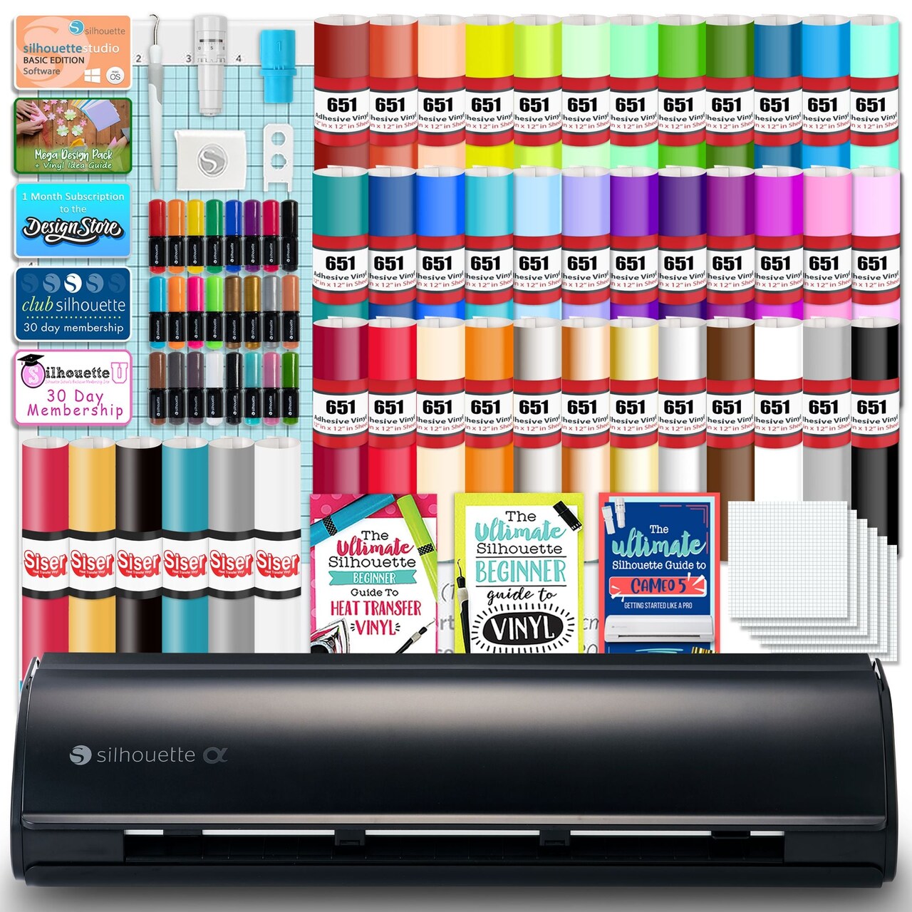 Silhouette Black Cameo 5α Alpha w/ 38 Oracal Sheets, Siser HTV, Guides, 24 Pens